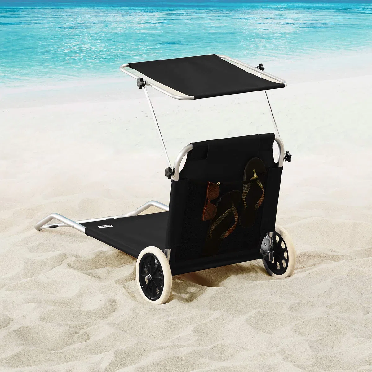 CASARIA Tumbona Jardín Silla Playa Portatil Carrito Plegable 2 Ruedas 150x52cm 115Kg Parasol Cojin