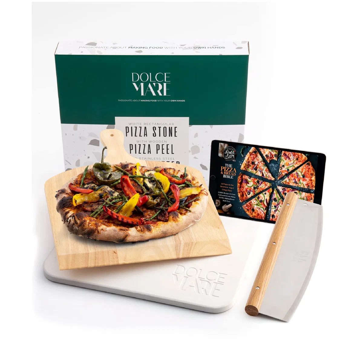Juego de piedra para pizza, pala de madera & cortador para pizza - Piedra de cordierita de alta calidad para horno y parrilla - Piedra para hornear pizza crujiente al estilo italiano