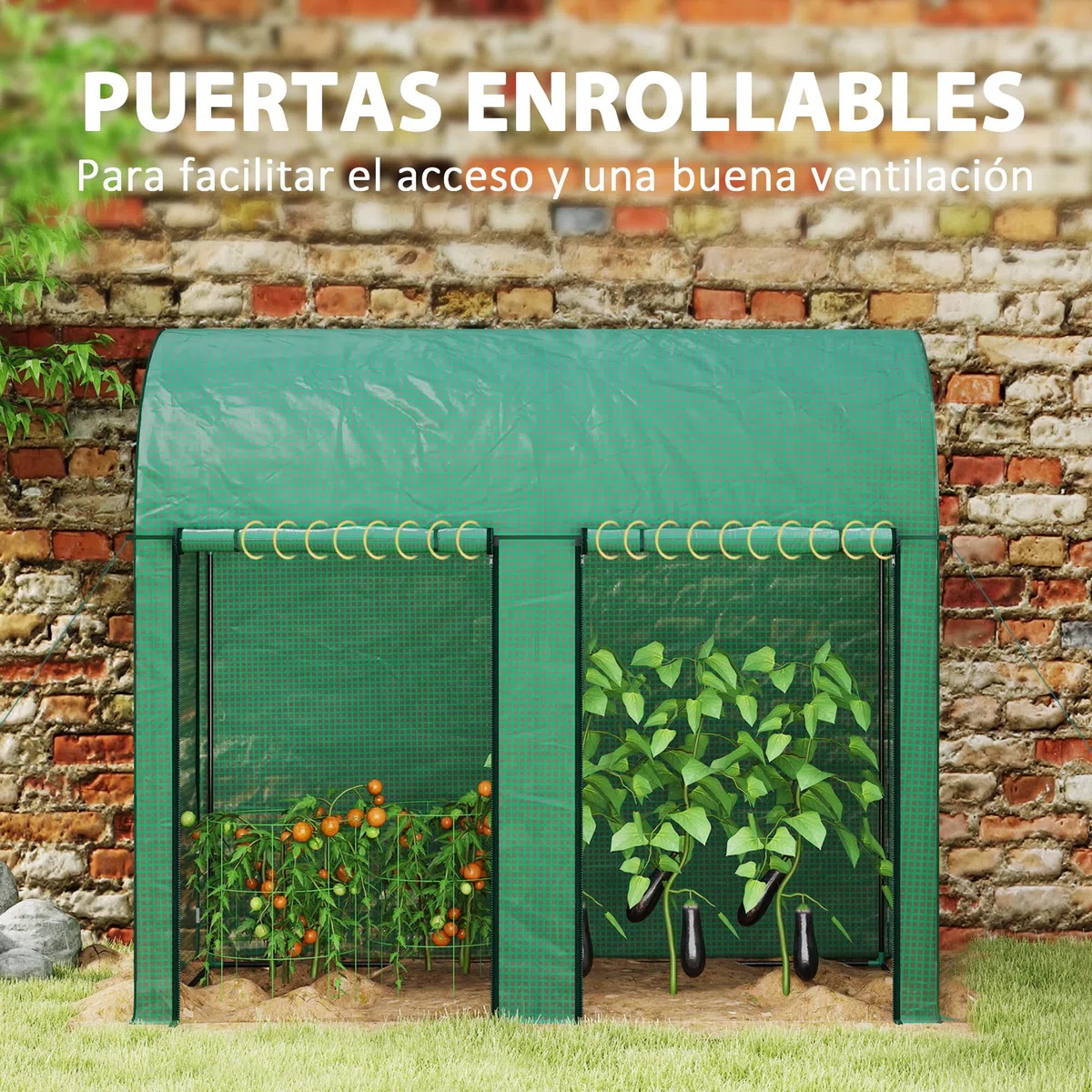 Outsunny Invernadero de Exterior Invernadero de Jardín con 2 Puertas Enrollables con Cremallera Marco de Acero y Cubierta de PE 140g/m² Anti-UV Impermeable para Plantas Flores 200x100x178 cm Verde