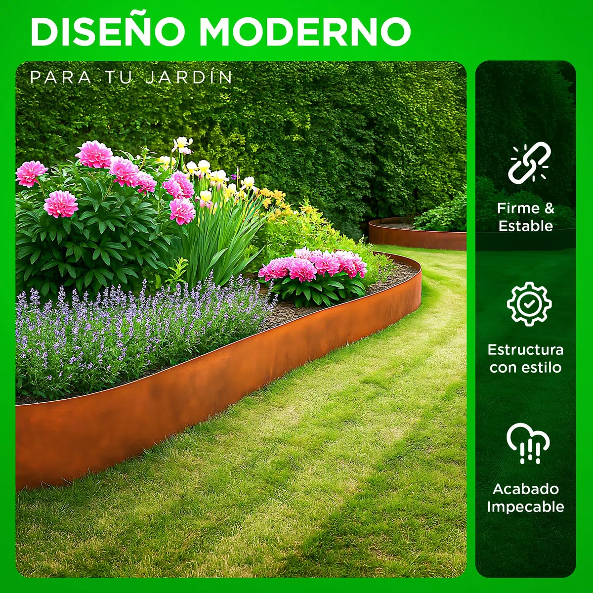 Bordura Acero Corten 10 Metros | Borde Jardin Exterior 14cm Alto | Diseño Flexible & Fácil de Instalar | Incluye Guantes, Taco de Madera, Conectores y eBook con Instrucciones