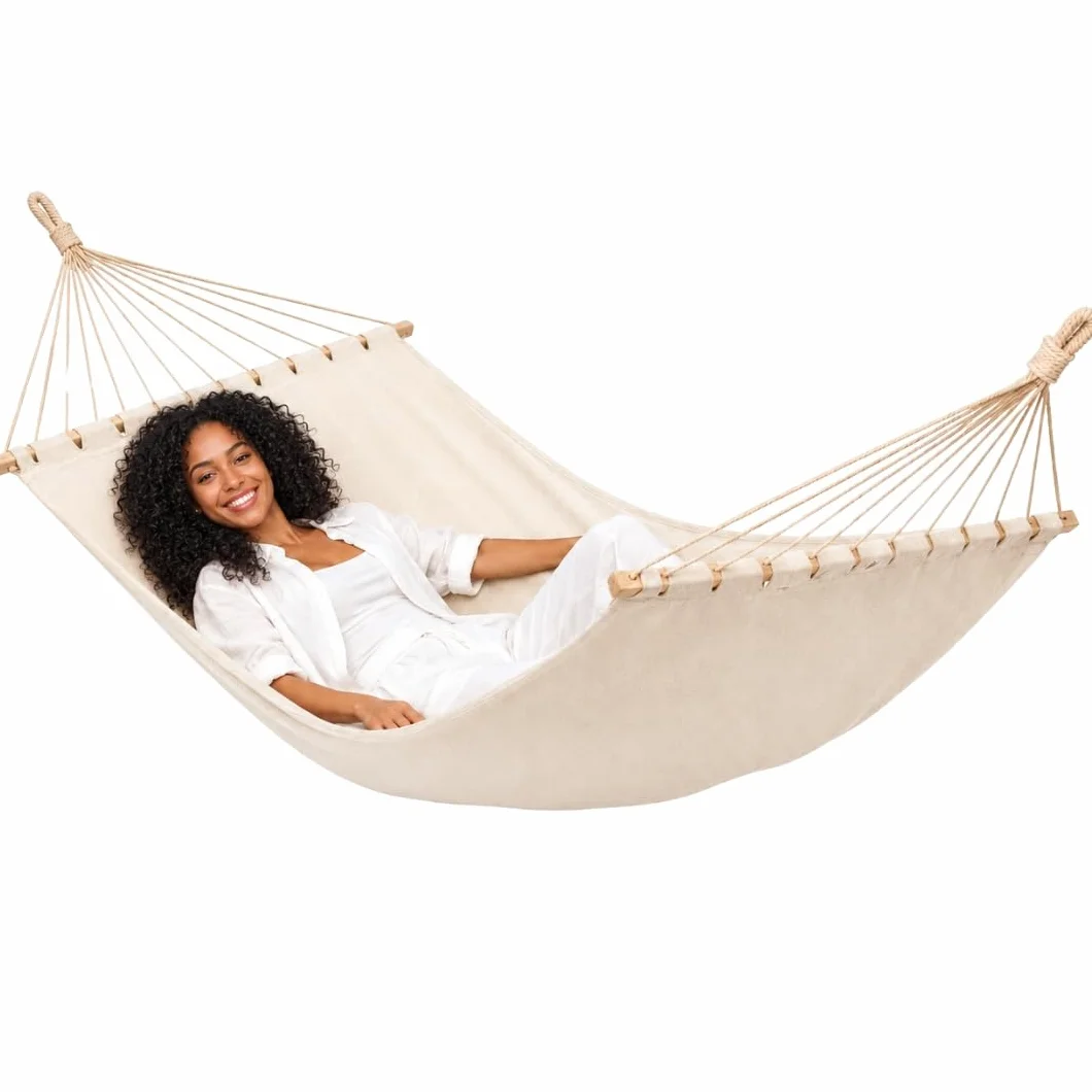 AMANKA XXL Hamaca con Barra Separadora 200x120 cm Beige - Colgante Doble 2 Personas 150kg - Algodón Resistente Exterior & Interior - Balcón Jardín Terraza Campings - 100% Puro Transpirable Natural
