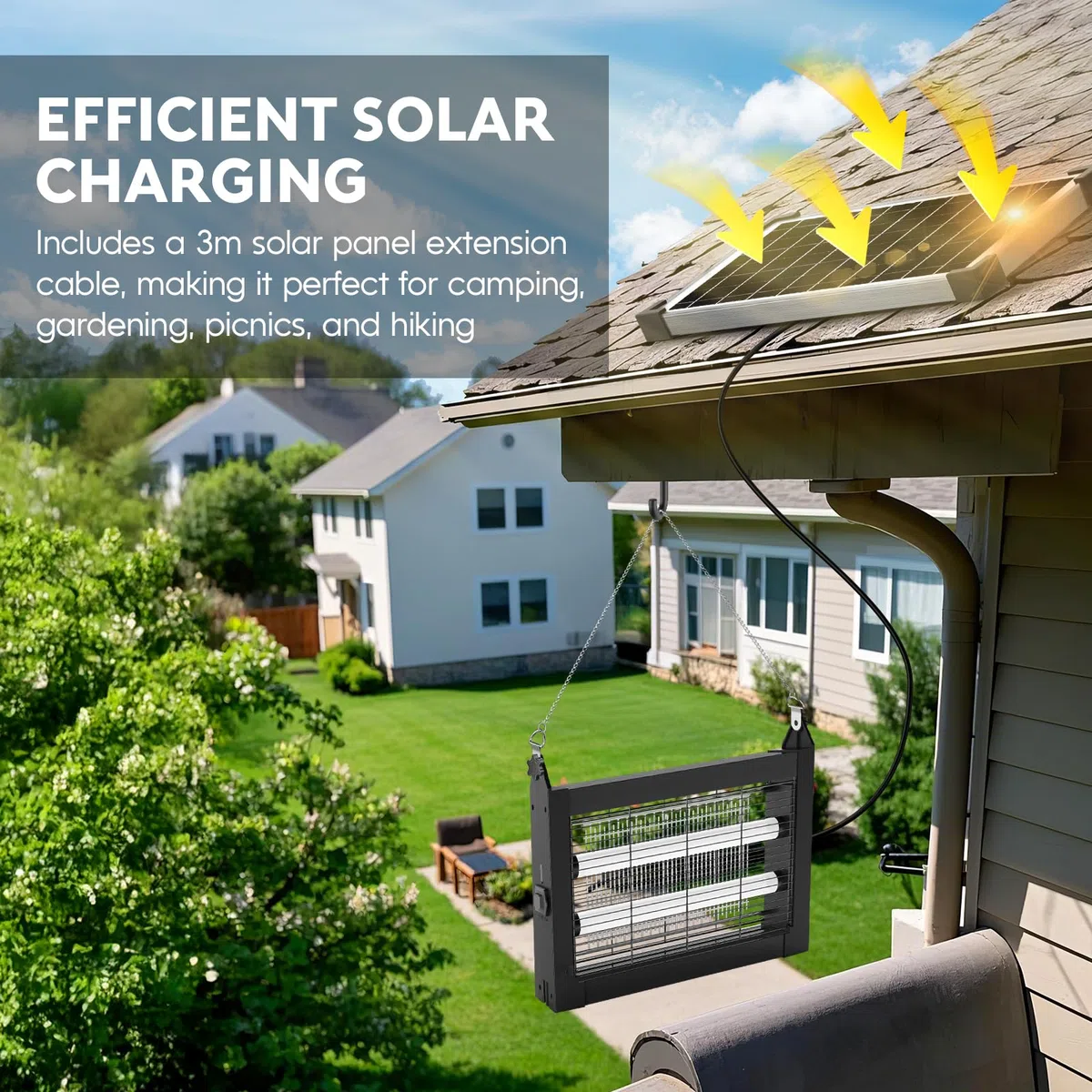 anysun Lámpara Antimosquitos Solar Exterior, Mata Mosquitos Eléctrico 4500V con Batería Recargable 4000mAh, USB-C, IPX5, Sensor Crepuscular, Cable de 3 m, para Terraza, Jardín, Balcón (Negro)