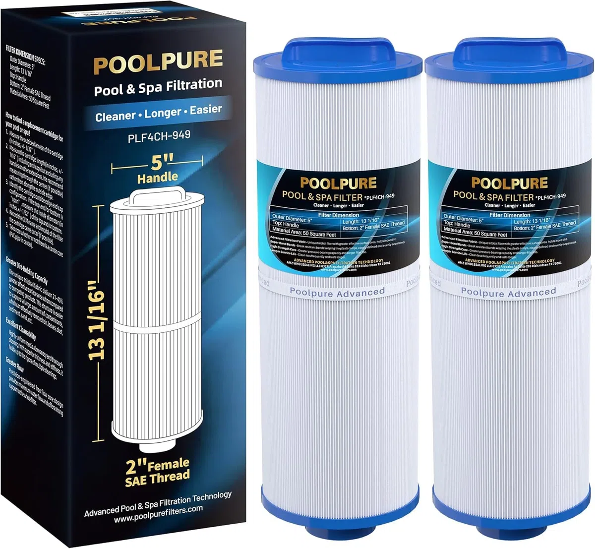 POOLPURE Cartucho de filtro de spa de repuesto para filtro FD2007 Compatible con PWW50L 4CH-949 FC-0172, SD-01143, Rising Dragon 50, filtro Waterway Teleweir 50 m² Paquete de 2 cartuchos