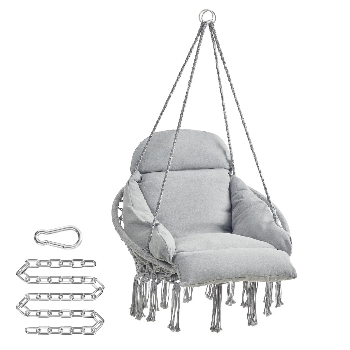 SONGMICS Hamaca Silla, Silla Colgante, Cojín Grande y Grueso, Boho para Dormitorio, Balcón, Jardín, Sala de Estar, Soporta hasta 120 kg, Incluyen Accesorios, Gris Paloma GDC042G11V3