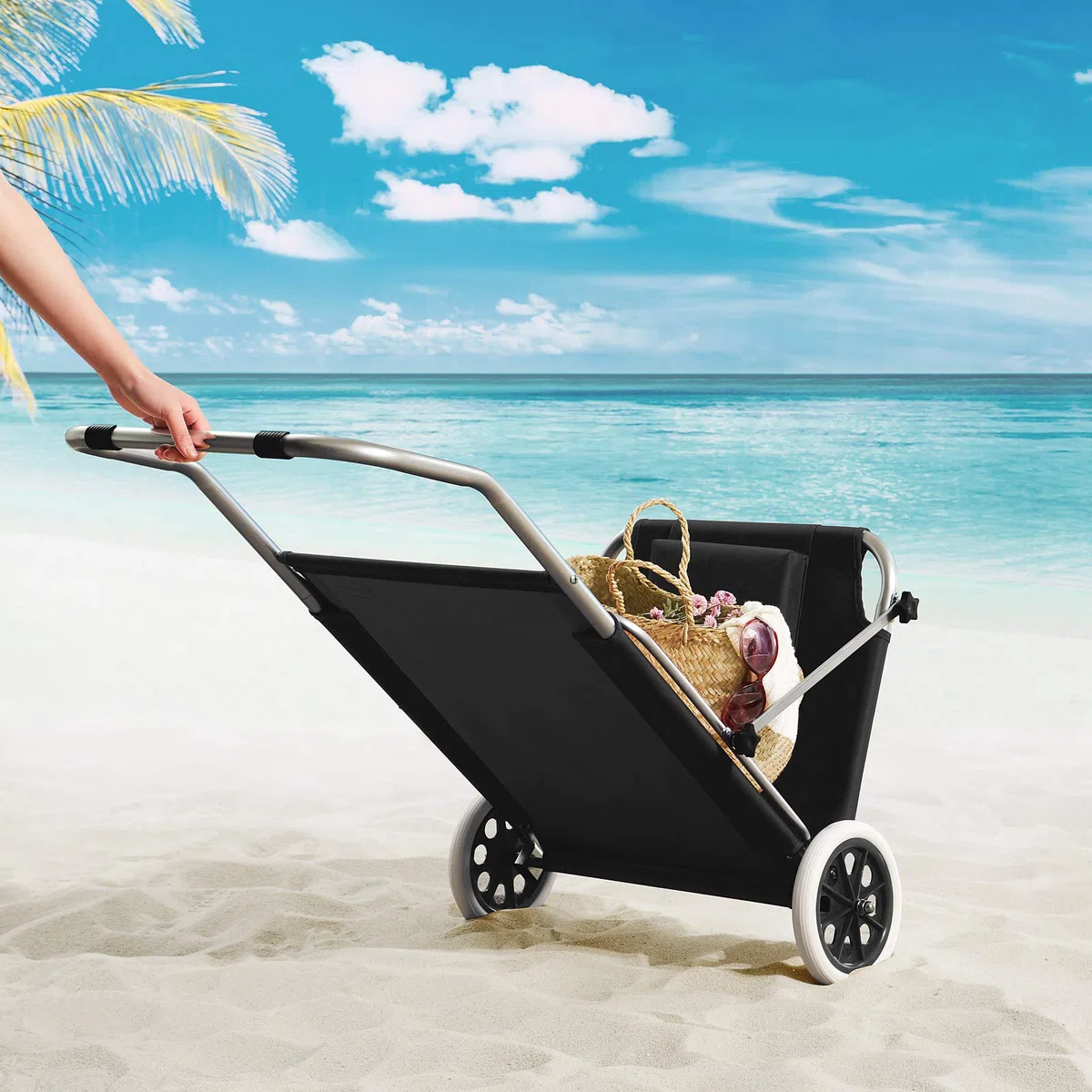 CASARIA Tumbona Jardín Silla Playa Portatil Carrito Plegable 2 Ruedas 150x52cm 115Kg Parasol Cojin