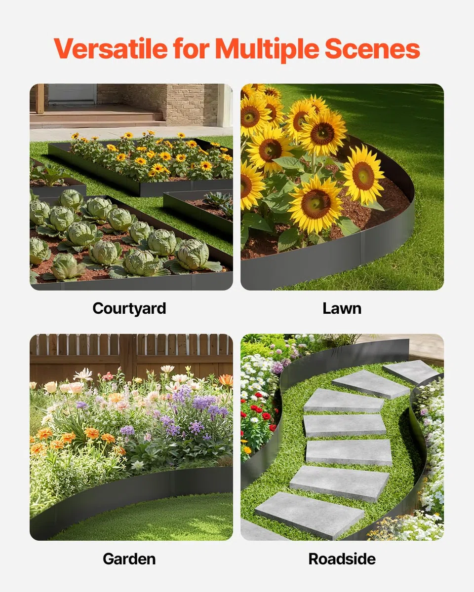 VEVOR Borde de Acero Galvanizado para Paisajismo, 1016 x 152,4 x 1,5 mm, 6 Piezas de Borde de Metal Resistente a la Oxidación, Divisor de Camino de Jardín para Parterres de Flores, Césped, Negro