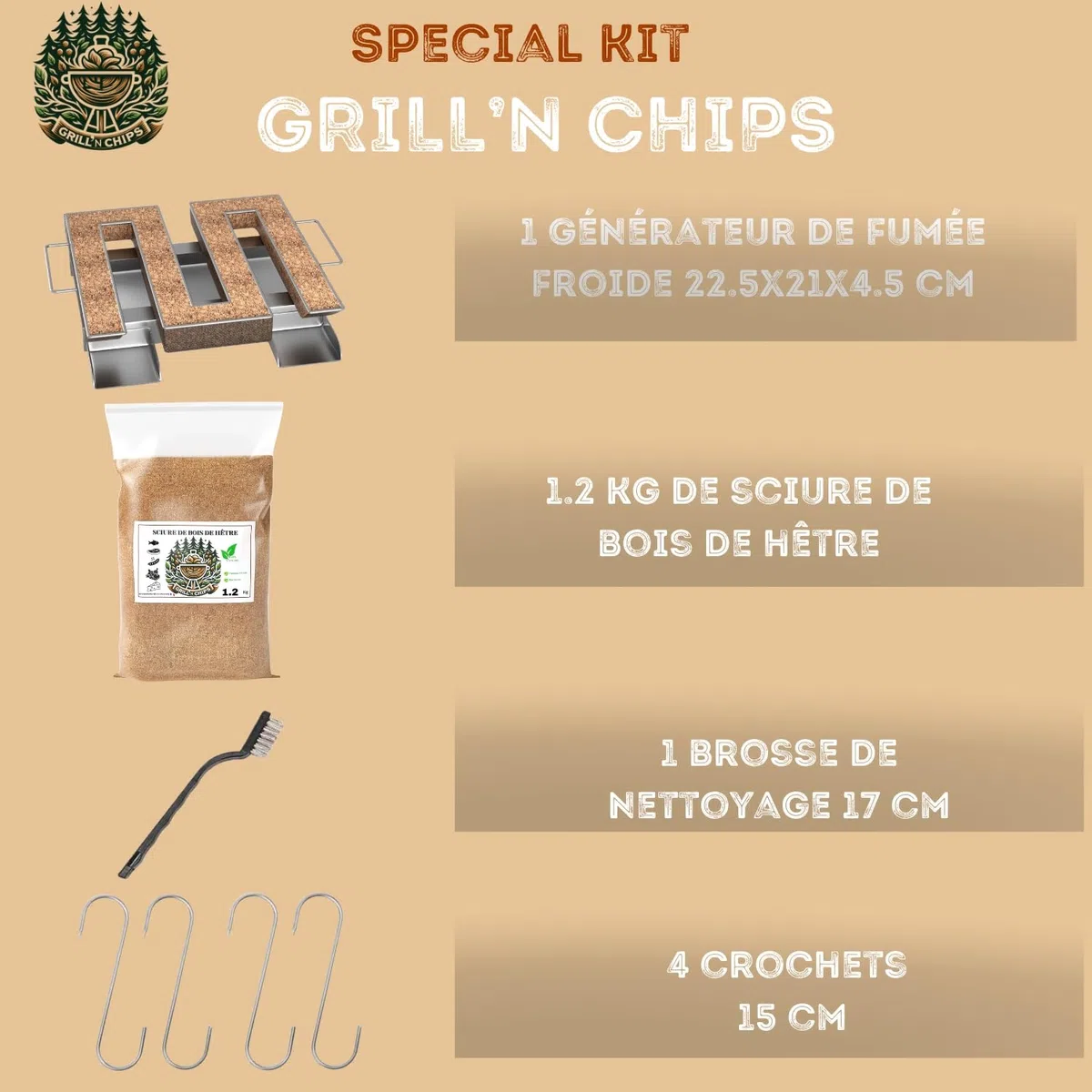 Generador de humo frío para ahumadero de carne y pescado + 1,2 kg de aserrín de madera de haya + 4 ganchos y 1 cepillo de limpieza