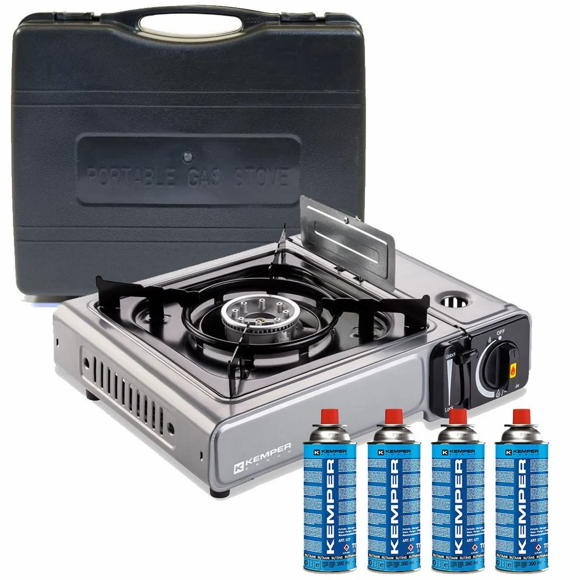 KEMPER - Hornillo de gas Nomade INOX 2200 W + 4 cartuchos de gas encendido piezo seguridad inserto gas