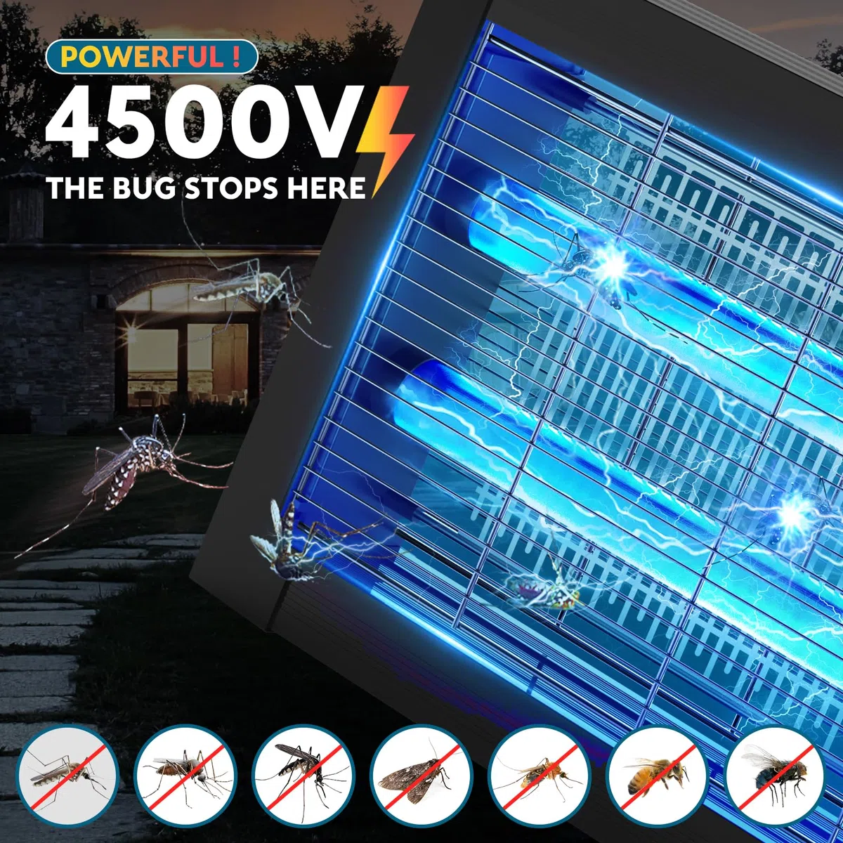anysun Lámpara Antimosquitos Solar Exterior, Mata Mosquitos Eléctrico 4500V con Batería Recargable 4000mAh, USB-C, IPX5, Sensor Crepuscular, Cable de 3 m, para Terraza, Jardín, Balcón (Negro)