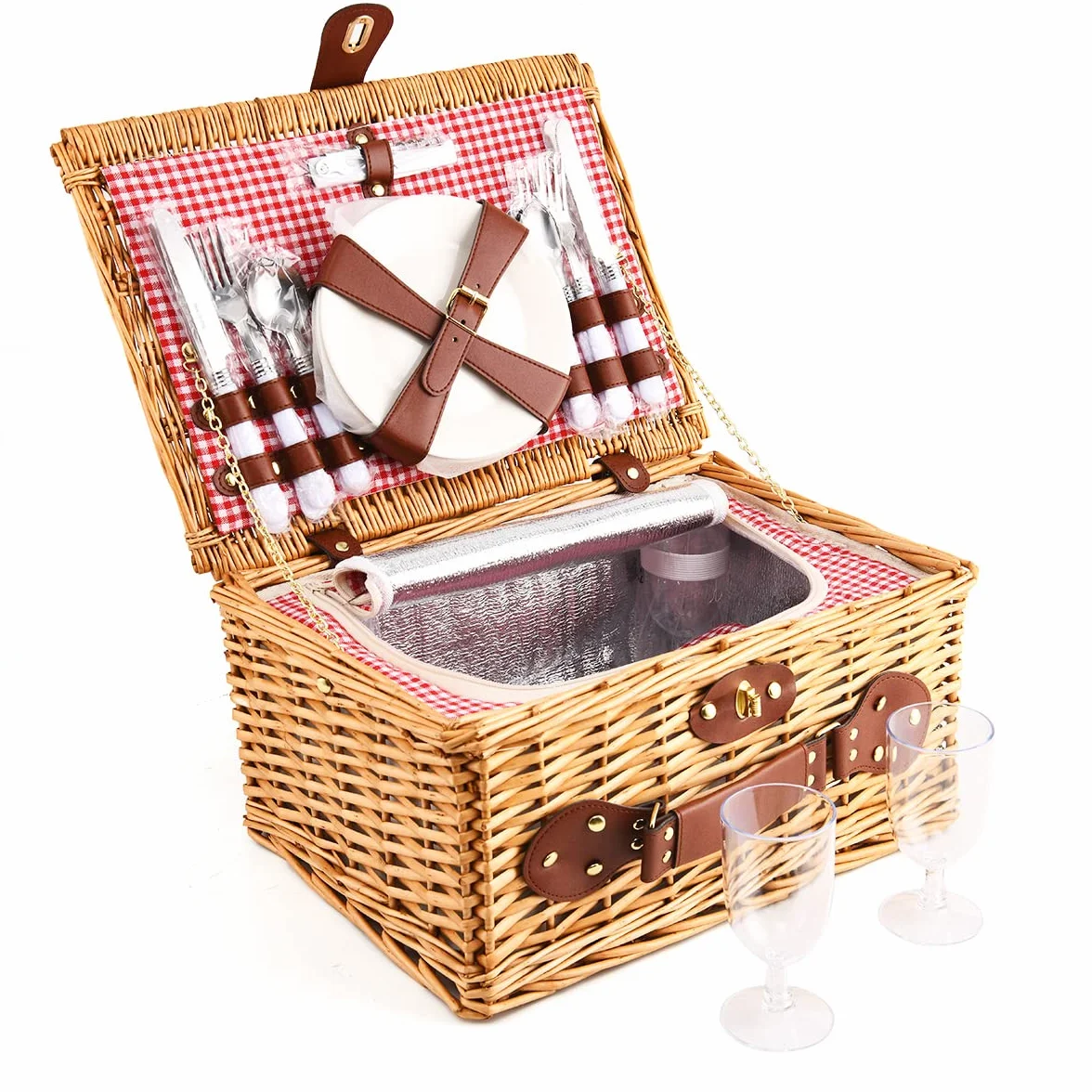 Cesta de Picnic Willow Hamper para 4 Personas, con una Caja de refrigeración aislada y una Manta Impermeable, un Paquete de Servicio de vajilla