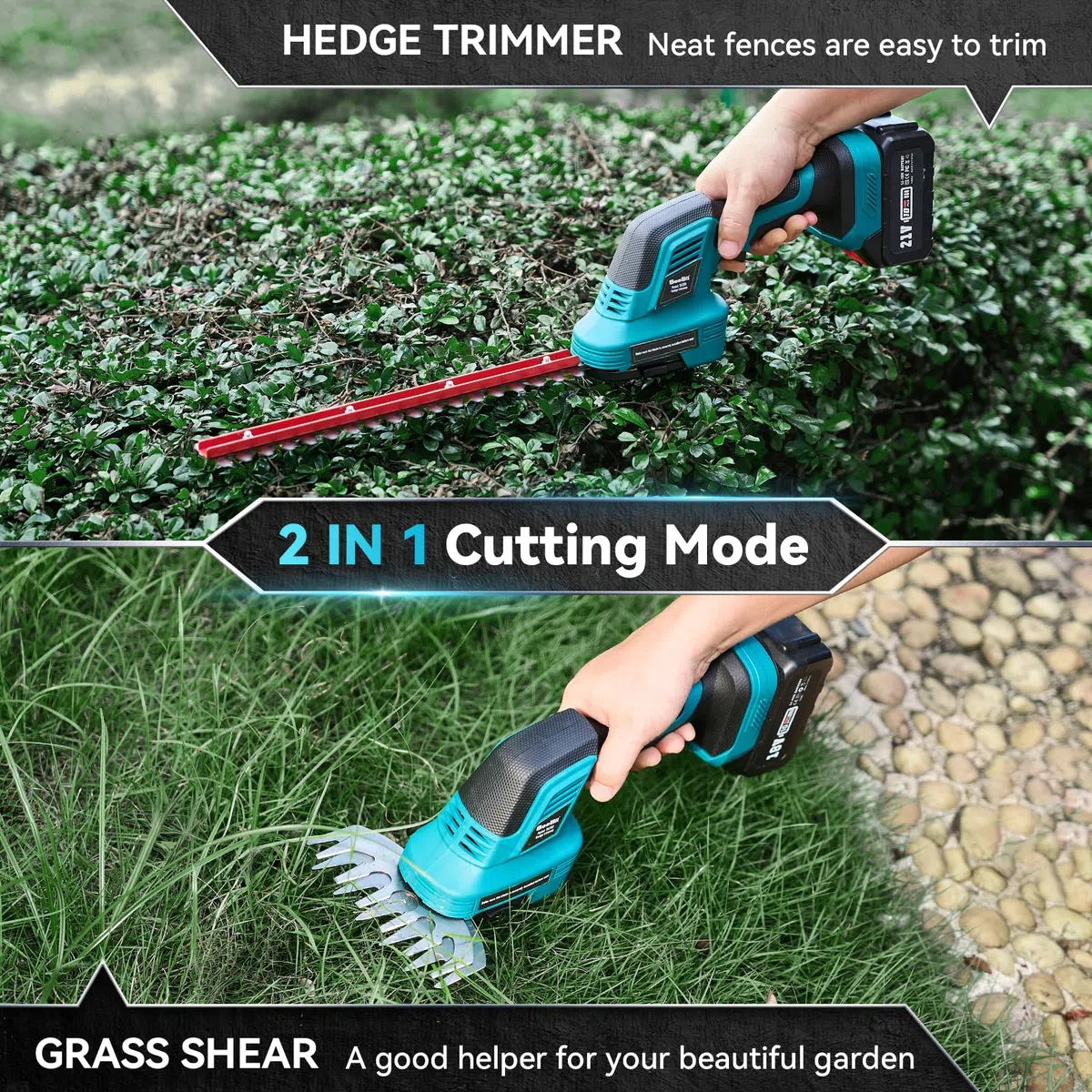 SEESII Tijeras Cortasetos de Batería, Cortasetos Eléctrico 500 W, con Batería 1x4000mAh y Cargador, Longitud de Hoja 30cm & 15cm, para setos, ramitas Finas y céspedes